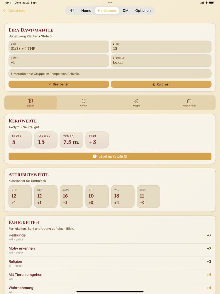 Charakterbogen in Campaign Journal